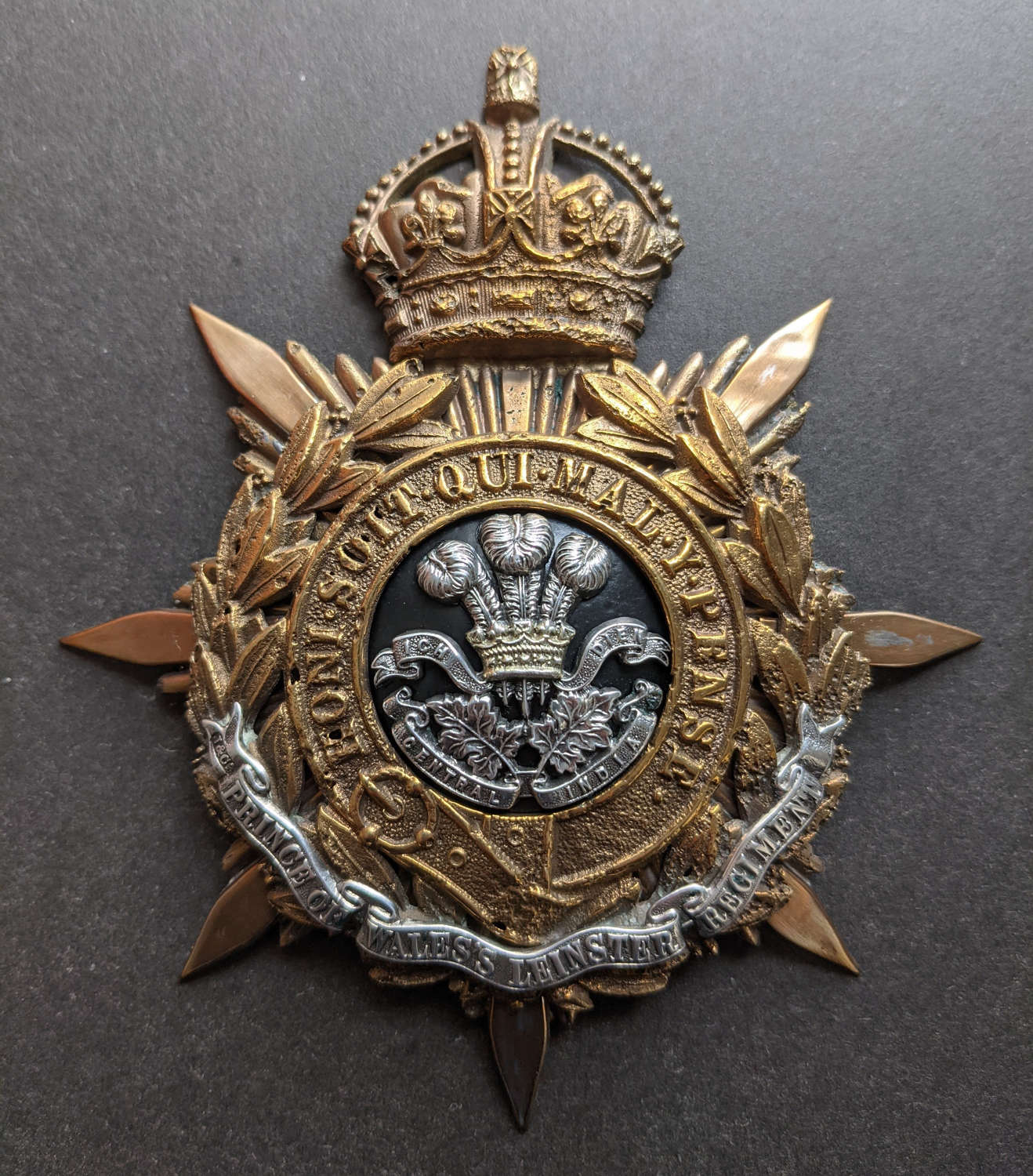 The Leinster Regiment Officers Kings Crown Helmet Plate
