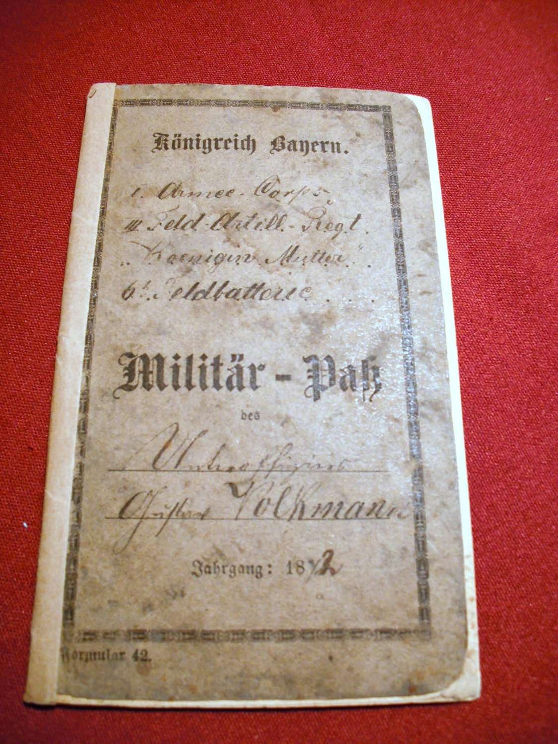 Rare German Military Pass dated October 1872