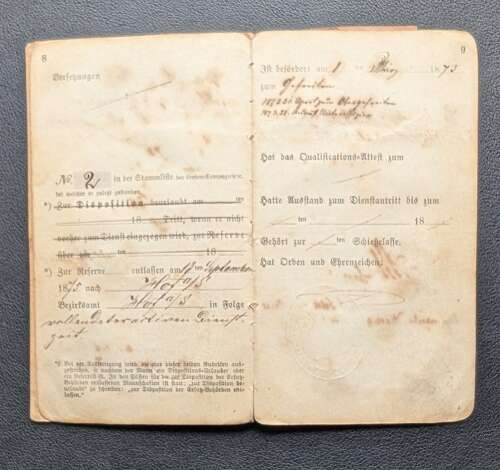 Rare German Military Pass dated October 1872