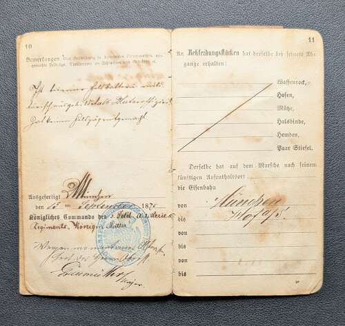 Rare German Military Pass dated October 1872
