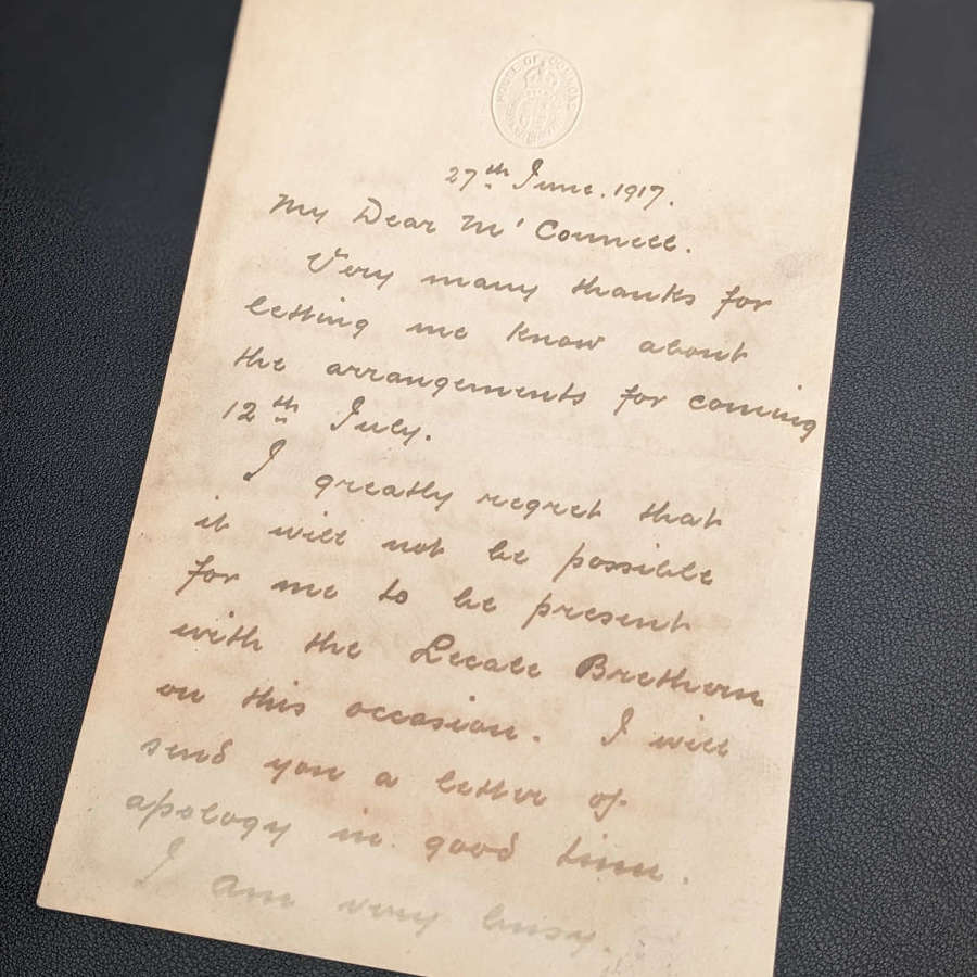 Edward Carson Hand Written Letter House of Commons Parliamentary Notep