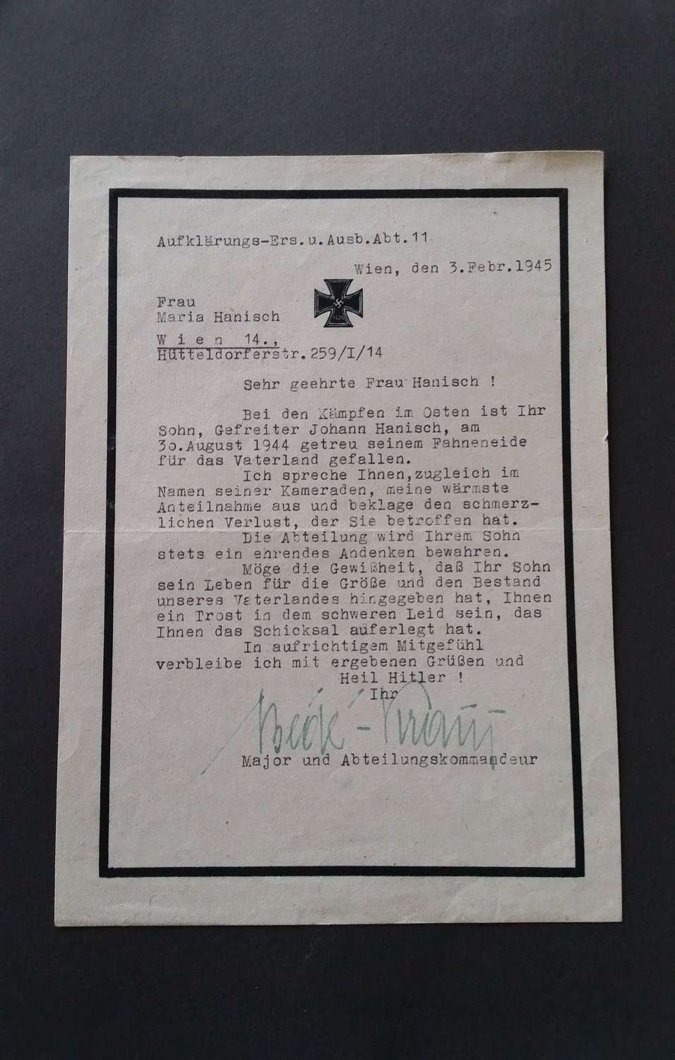 Reich Death Notification Letter and Military Memory Card