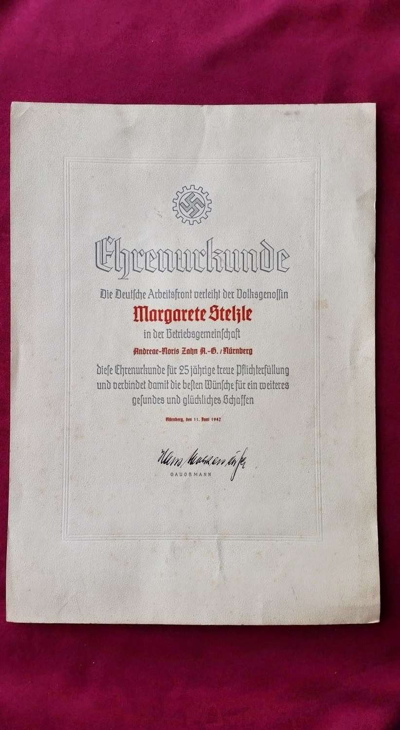 Deutsche Arbeitsfront 25 Years Service Certificate 11th June 1942