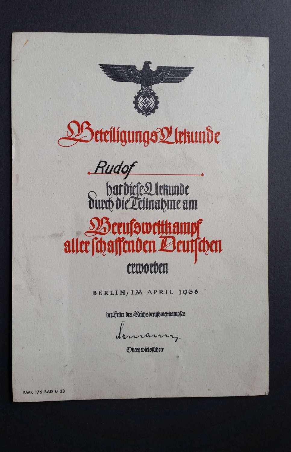 Hitler Youth Certificate / Worksheet
