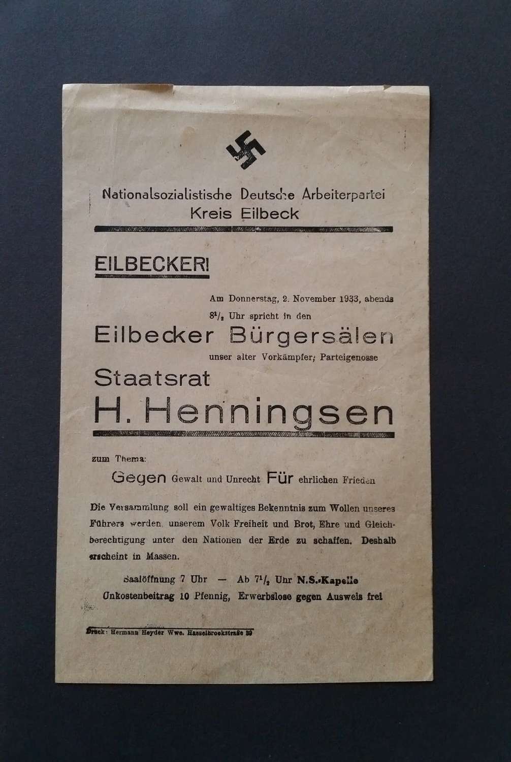 NSDAP Propaganda Flyer 2nd November 1933