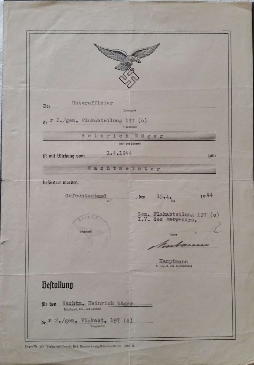 Luftwaffe Appointment Certificate