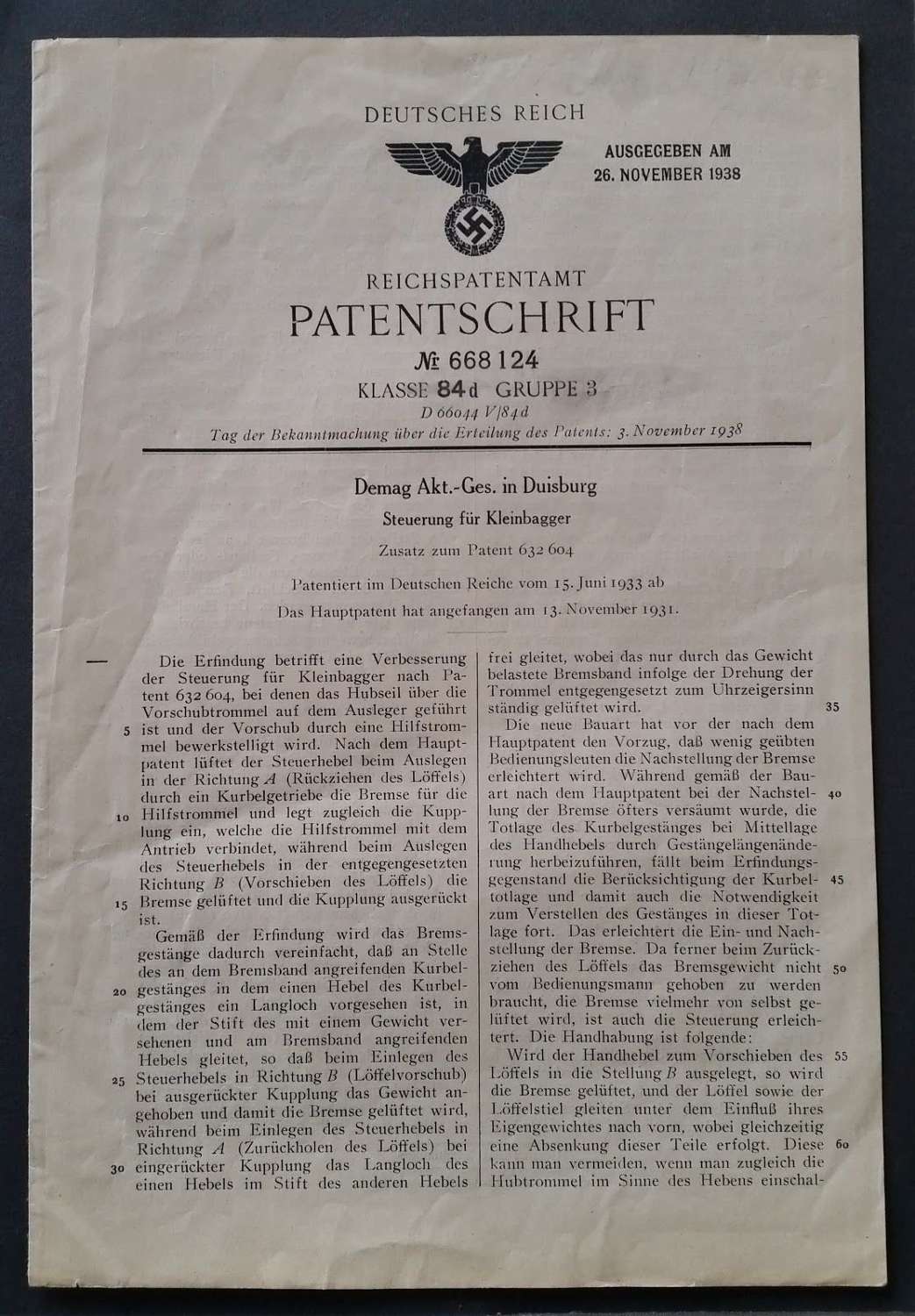 Reich Patent Document 1938