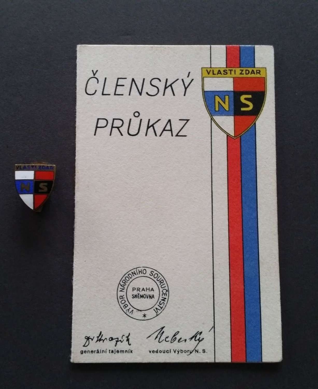 Vlasti Zaar 1940's Czech National Socialist Party Membership Booklet and Badge