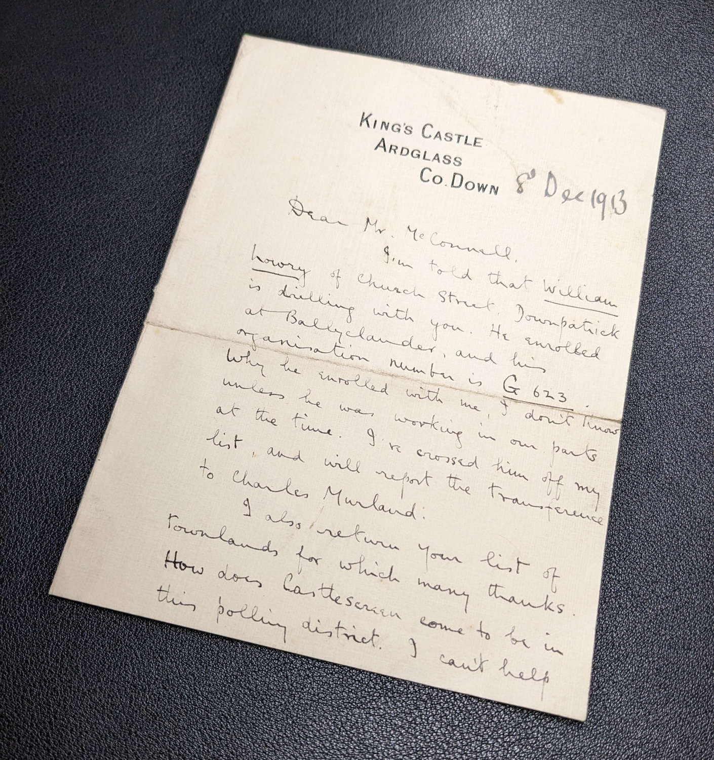 Handwritten Letter Major G.H. Gaffikin Commander East Down U.V.F.