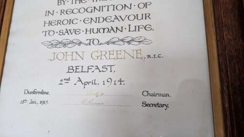 The Carnegie Hero Trust Fund Certificate Awarded Cst John Greene RIC