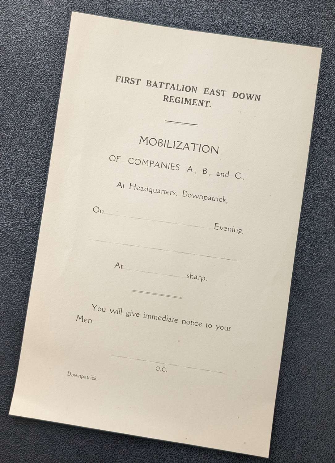 First Battalion East Down Regiment U.V.F. Mobilization Sheet Un-issued