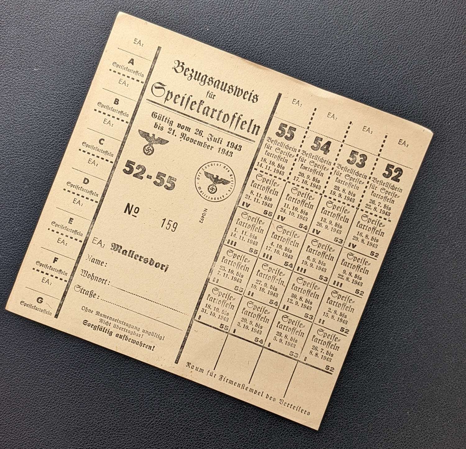 WWII German Ration Sheet For Potatoes 1943