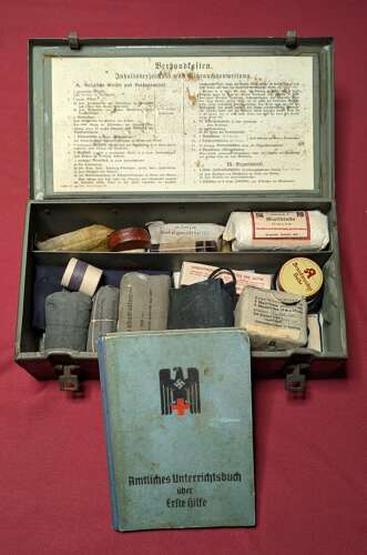 WWII German Red Cross Medical Box With Contents & Instruction Book