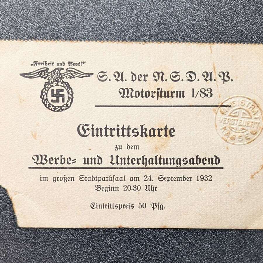 Early NSDAP MotorSturm I/83 Admittance Ticket