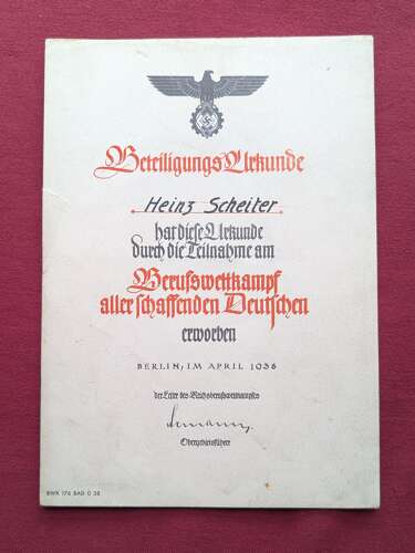 Hitler Youth Certificate / Worksheet
